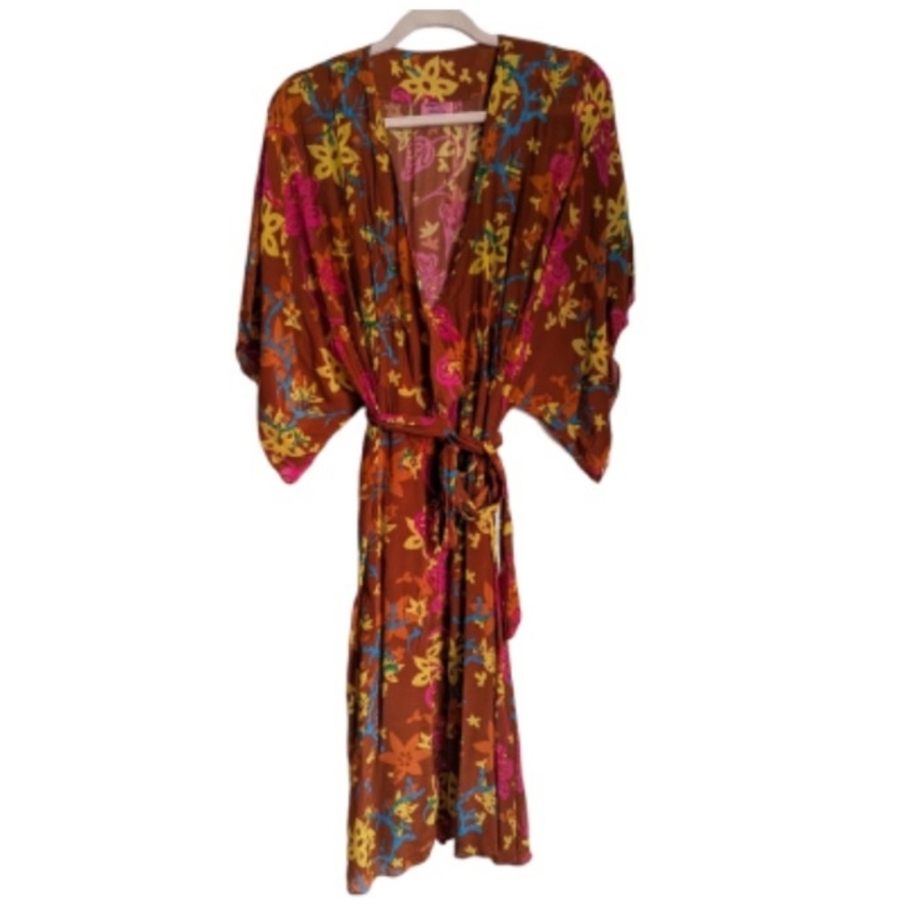 Anthropologie Ocher Floral Indian Bohemian Kimono Sleeves Wrap Maxi Dress Large